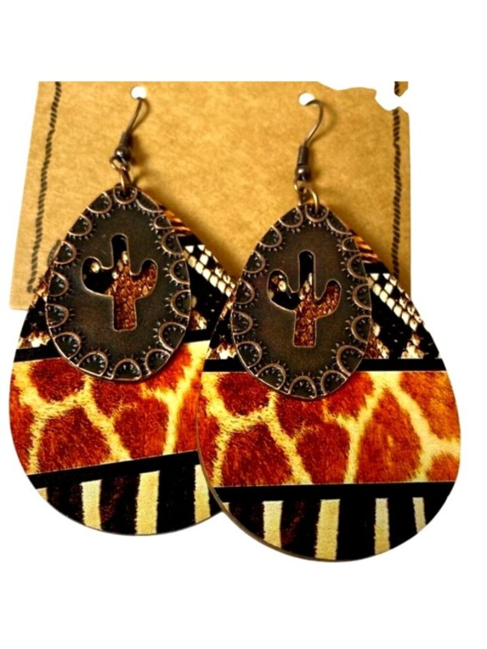 Rustic Coutures Cactus Hollow Out Earrings With Animal Print Teardrop NWT